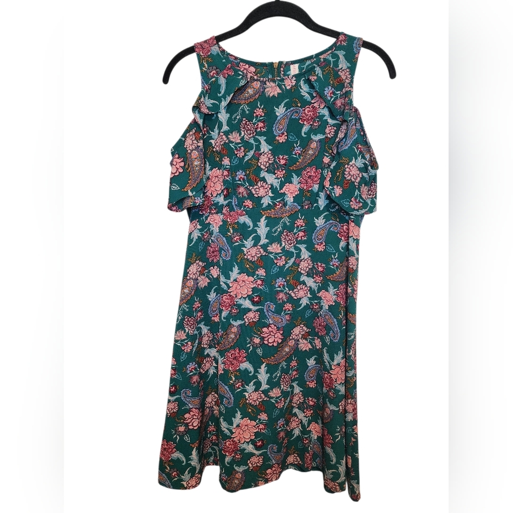Xhilaration Emerald Green Paisley Floral Cold Shoulder Ruffle Dress Small